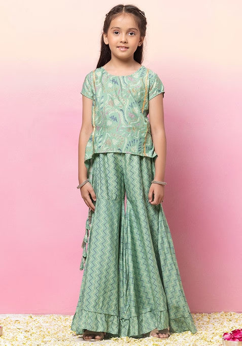 Sage Green Printed Sharara With Foil Print Short Kurta (Set of 2)