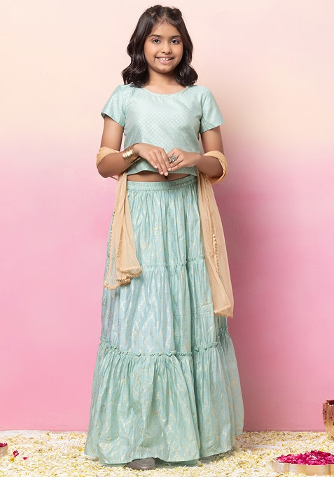 Sage Green Foil Print Tiered Lehenga With Blouse And Contrast Dupatta (Set of 3)