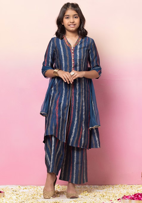 Indigo Blue Block Print Embroidered Kurta With Palazzo Pants And Dupatta (Set of 3)