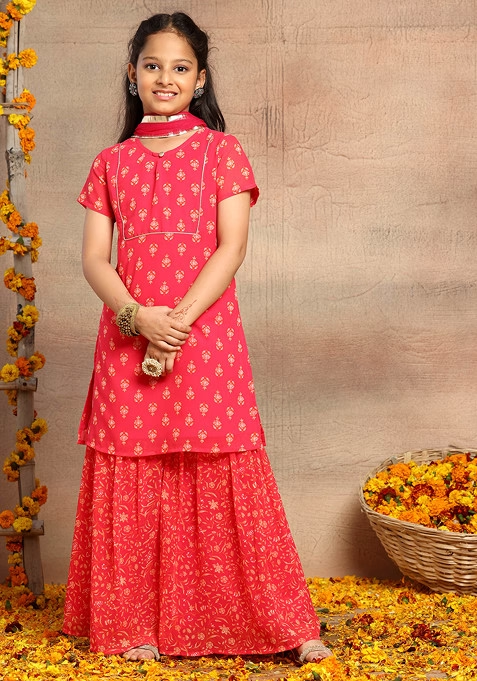 Fuchsia Pink Floral Print Kurta With Printed Pants And Dupatta (Set of 3)