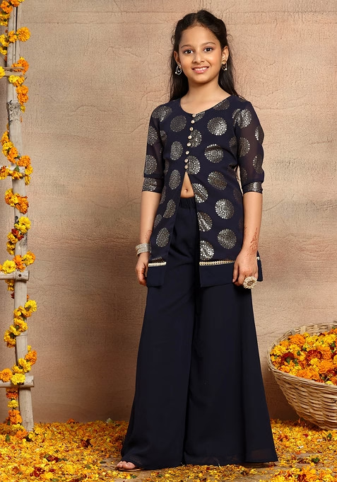 Black Foil Print Front Slit Kurta With Pants (Set of 2)