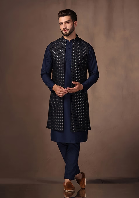 Navy Blue Jacquard Silk Blend Kurta Jacket Set