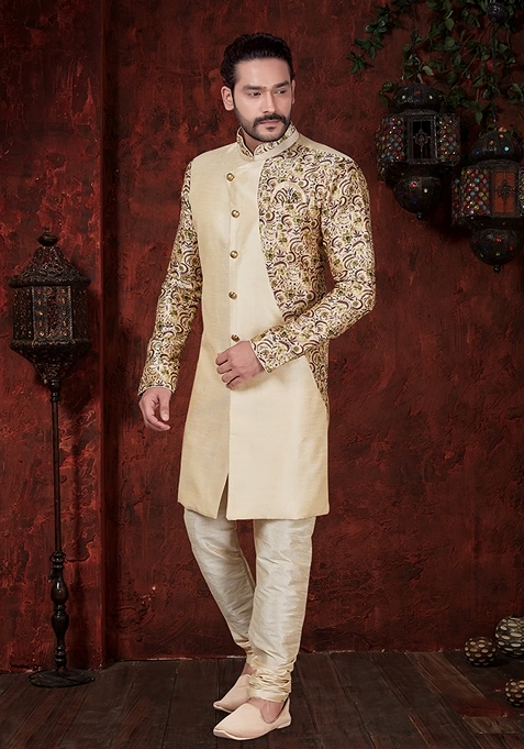 Cream Printed Silk Indo Western Sherwani Set For Men