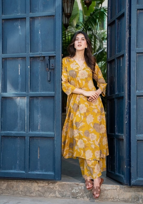 Yellow Digital Print Rayon Kurta Set