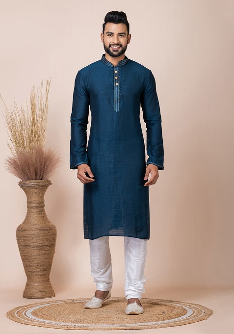 Dark Blue Jacquard Kurta Pyjama Set For Men
