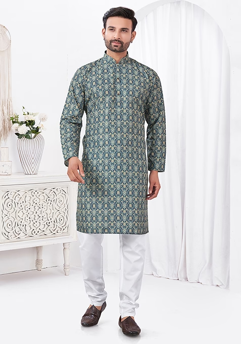 Blue Embroidered Cotton Kurta Set For Men