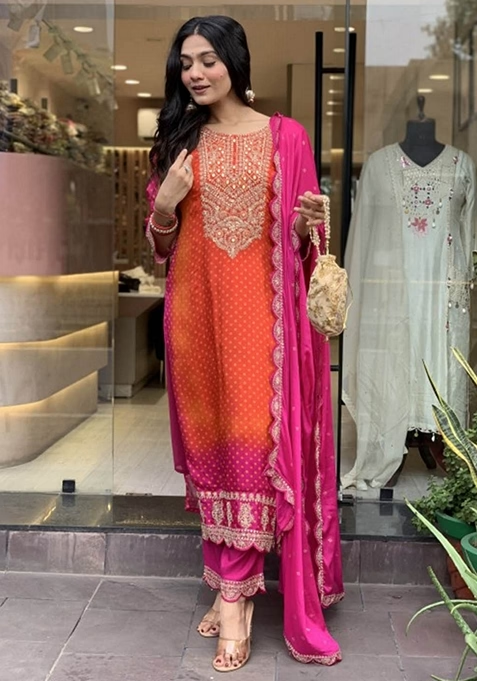 Orange Thread Embroidered Kurta Set With Dupatta