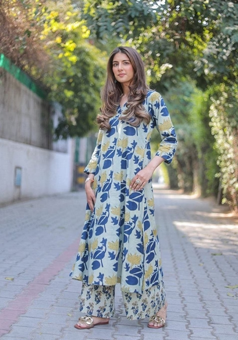 Blue Digital Print Rayon Kurta Set