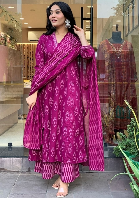 Purple Digital Print Rayon Kurta Set With Dupatta