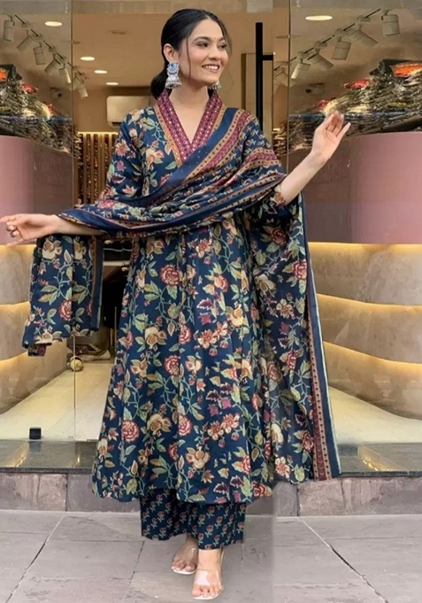 Blue Digital Print Rayon Anarkali Set With Dupatta