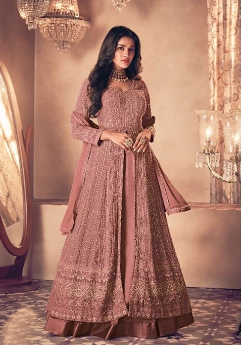 Peach Embroidered Georgette Anarkali set With Dupatta