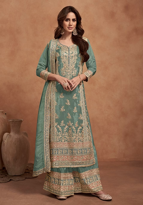 Green Embroidered Poly Blend Salwar Kameez