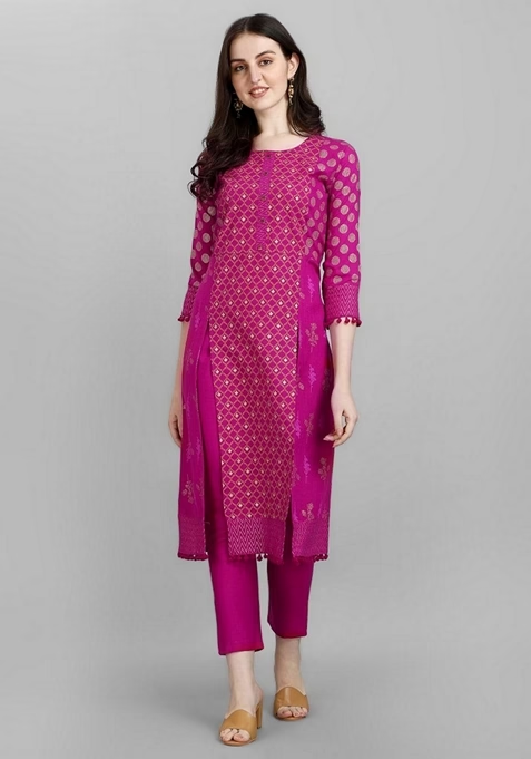 Rani Pink Digital Print Cotton Blend Kurta Set