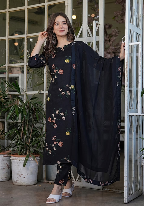 Black Printed Crepe Kurta Set With Dupatta